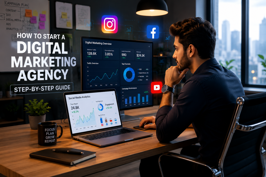 Young entrepreneur analyzing social media analytics on a laptop in a modern office while building a digital marketing agency.