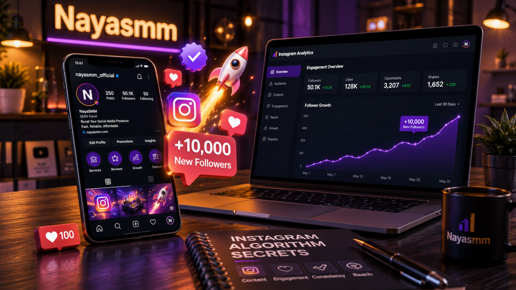 Smartphone displaying Instagram profile with a +10,000 new followers notification beside a laptop showing Instagram engagement analytics in a modern NayaSMM digital marketing workspace.