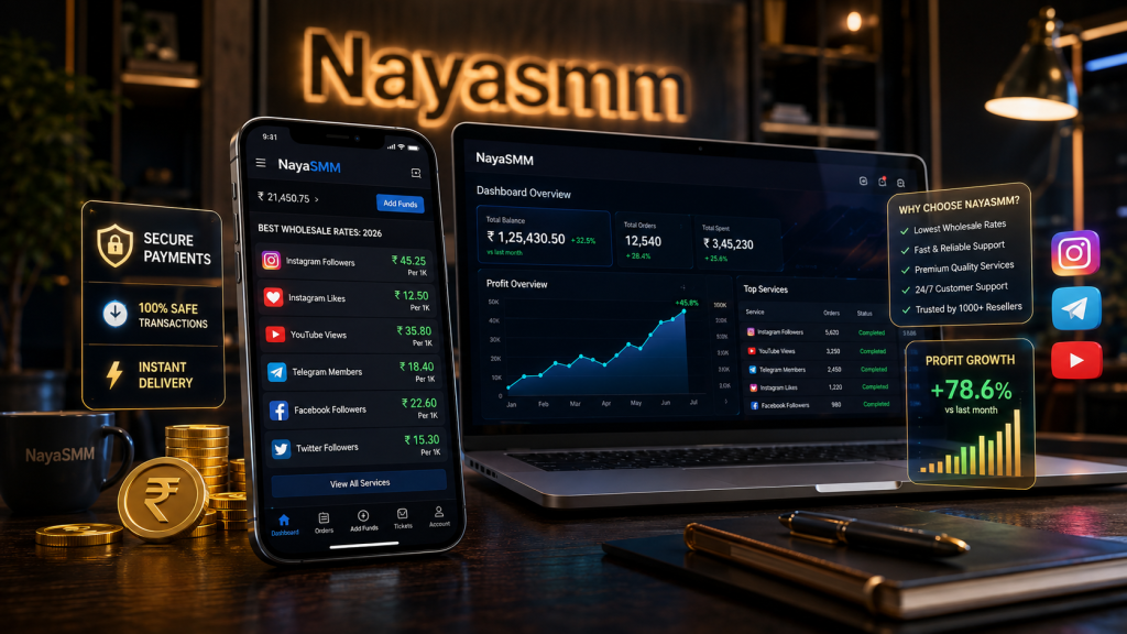 NayaSMM wholesale SMM panel dashboard showing affordable Instagram, YouTube, Facebook, Telegram, and TikTok service prices with growth analytics and secure payment features.