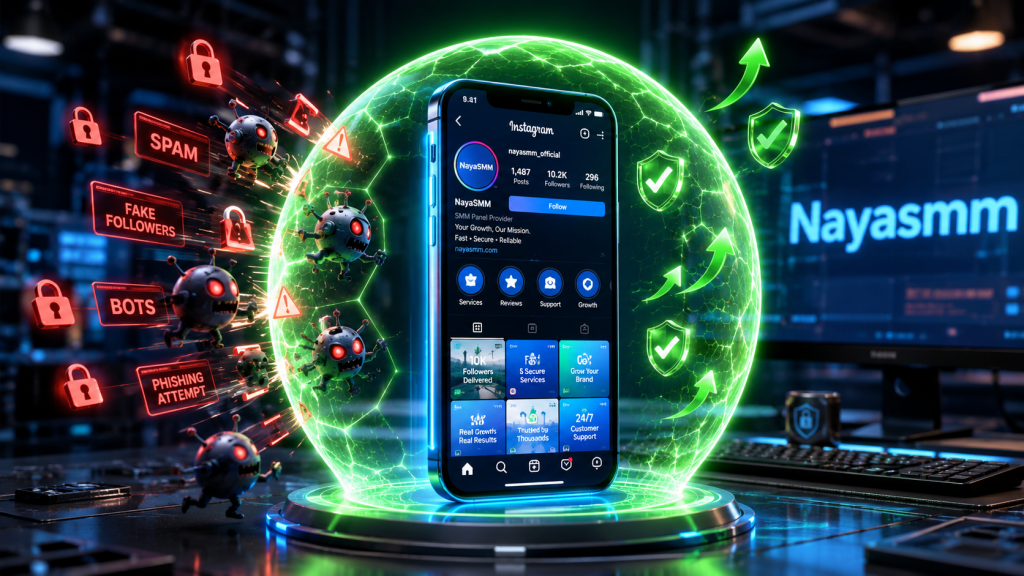 NayaSMM glowing green shield protecting an Instagram account from ban and spam bot risks