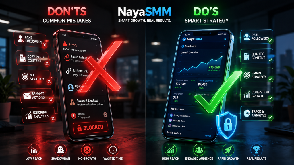 NayaSMM dashboard showing correct versus wrong ways to use an SMM panel avoiding common mistakes