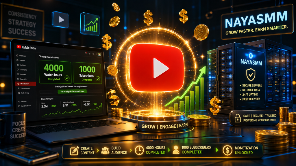 NayaSMM dashboard showing fast YouTube monetization progress with 4000 hours watch time and 1000 subscribers completed safely