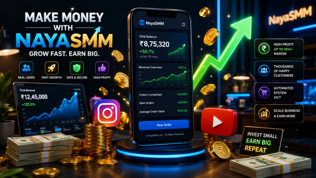 NayaSMM smartphone dashboard showing profit growth and digital money making through SMM panel reselling business