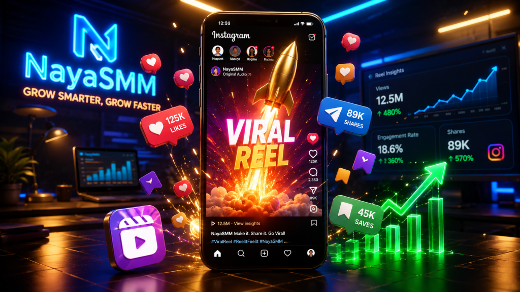 NayaSMM dynamic smartphone concept showing an Instagram reel going viral with 3D likes, shares, and a rocket launch representing massive growth