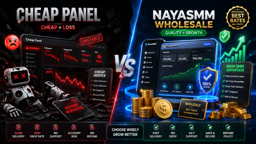 NayaSMM comparison dashboard showing safe wholesale premium services versus fake cheap SMM panel bot drops