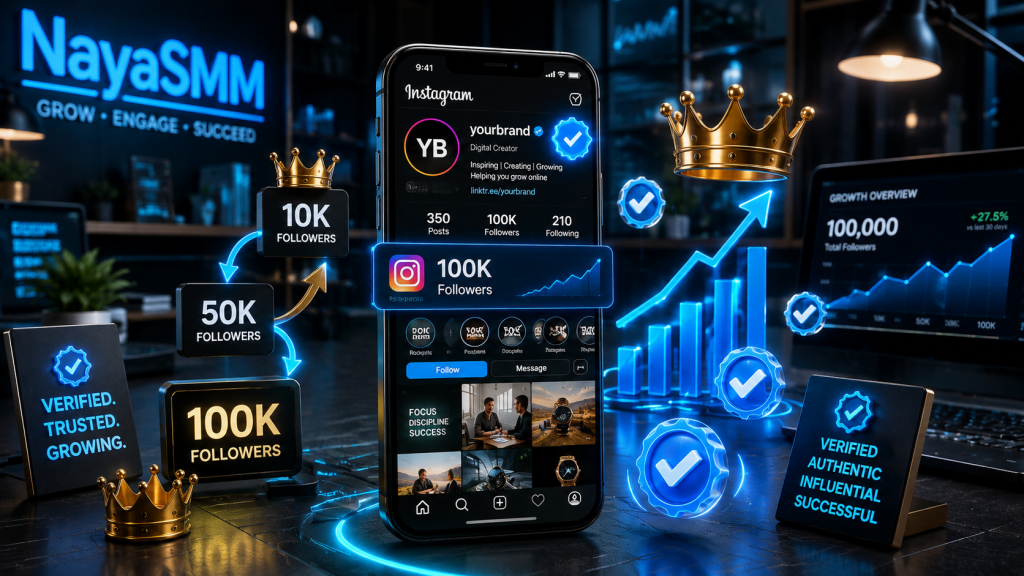 NayaSMM dashboard showing an Instagram profile with a glowing blue tick verification badge and fast follower growth