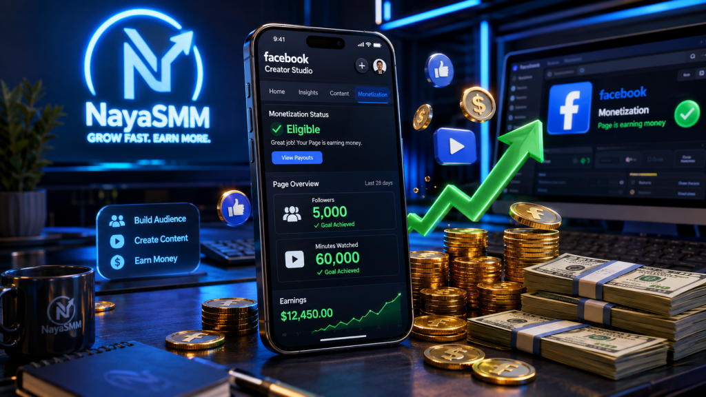 NayaSMM secure dashboard showing successful Facebook page monetization with 5000 followers and 60000 minutes watch time completed