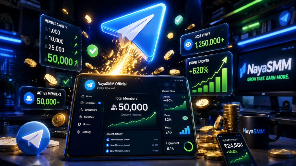 NayaSMM dashboard showing fast and safe Telegram channel growth with thousands of non drop members and post views