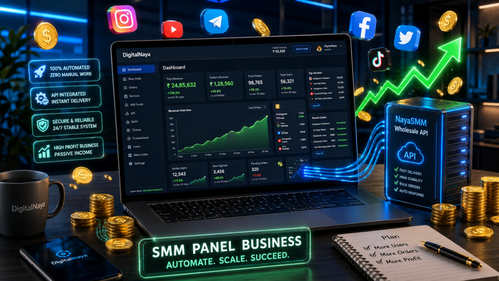 DigitalNaya custom SMM panel dashboard connected with NayaSMM wholesale API generating automated passive income