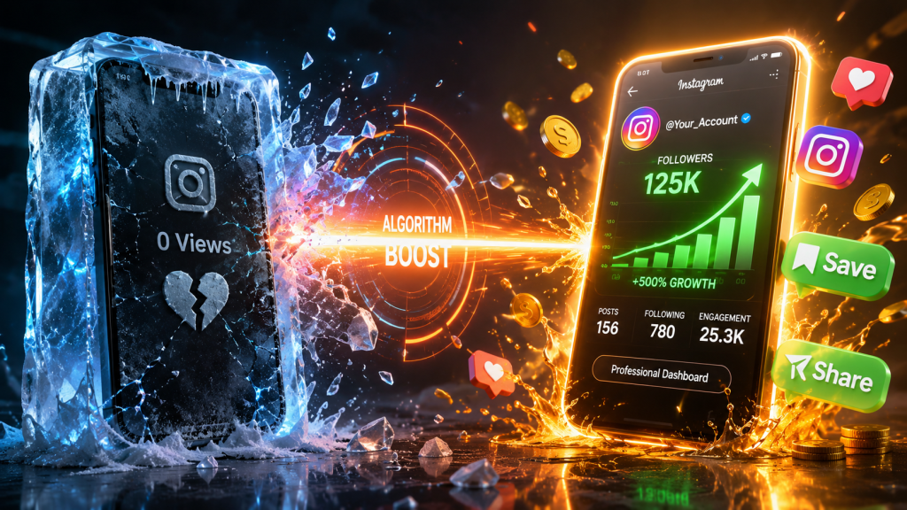 NayaSMM smart dashboard breaking ice to unfreeze a dead Instagram account with high engagement saves shares and organic growth