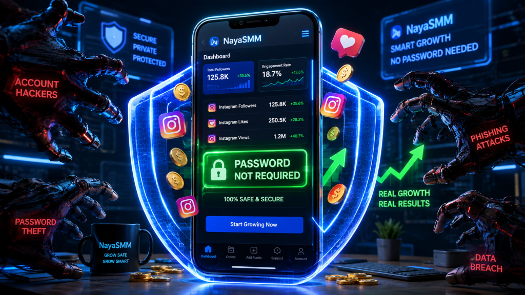 NayaSMM secure digital shield protecting Instagram account providing safe non drop followers without login or password
