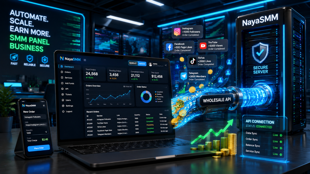 Futuristic SMM panel dashboard automatically processing bulk orders using cheap SMM panel API integration for maximum profit