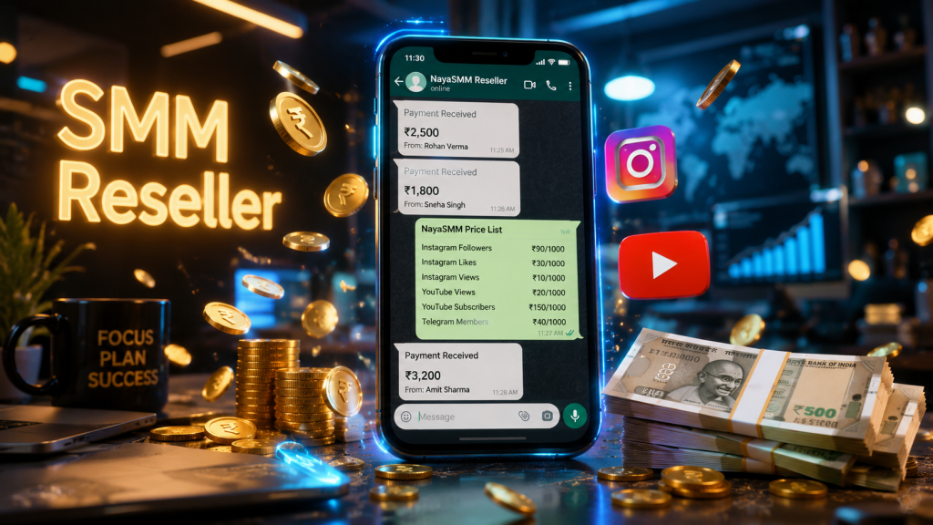 SMM reseller earning money using mobile phone connected with cheap SMM panel for providing wholesale social media services