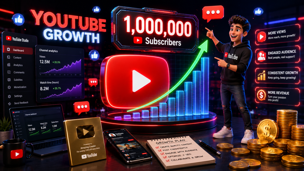 3D illustration of a successful YouTube creator with rising analytics charts, subscriber count, and a glowing play button representing YouTube channel growth.
