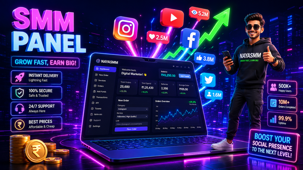 3D illustration of a digital marketing dashboard showing an SMM panel interface with rising followers, likes, and social media growth charts.