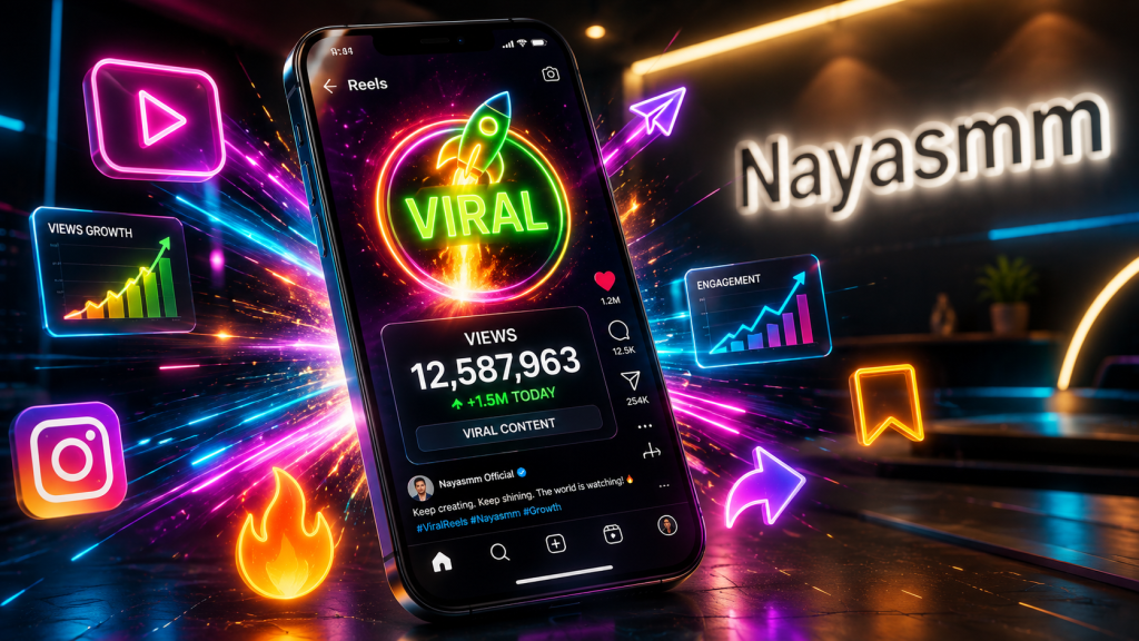 NayaSmm smartphone screen displaying a viral Instagram reel with rising view counter, rocket icon, and glowing engagement elements