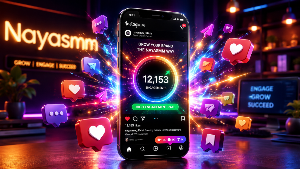NayaSmm smartphone screen displaying high Instagram engagement rate with glowing likes, comments, and saves icons