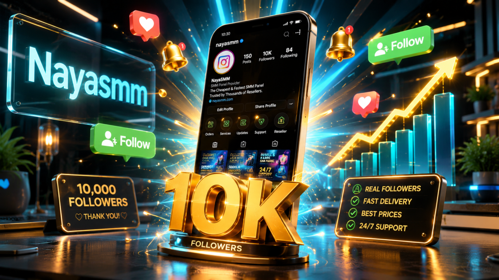 NayaSMM glowing smartphone showing 10k Instagram followers milestone with 3D growth icons and follow buttons