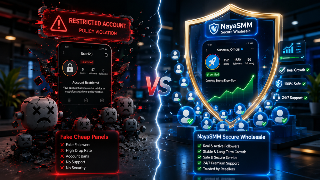 NayaSMM shield protecting social media account from fake cheap panels and account ban risks