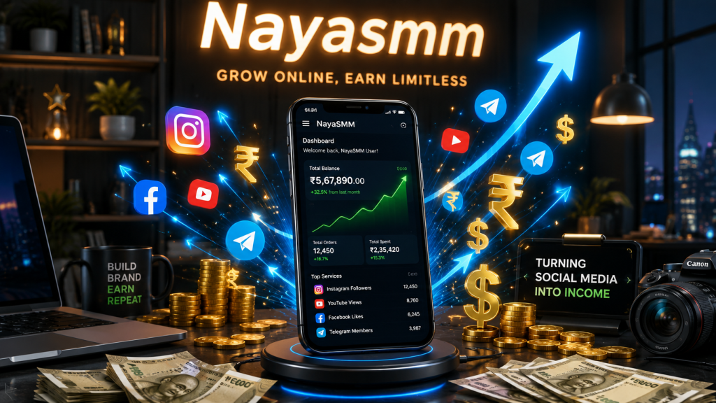 NayaSMM smartphone screen showing online earning with growing graphs, social icons, and glowing money symbols