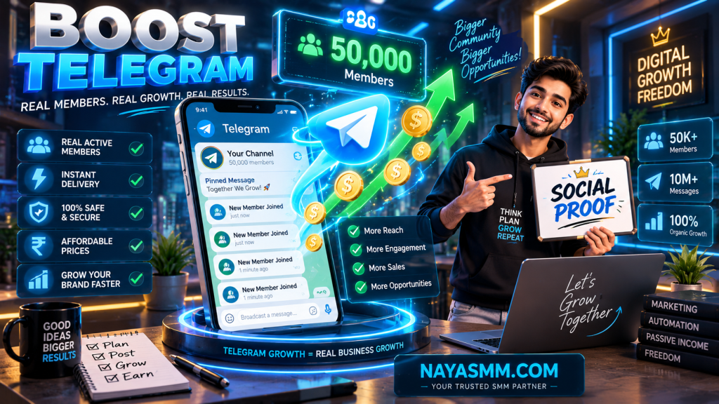 3D isometric digital illustration of a smartphone displaying a Telegram channel dashboard with rapidly increasing subscribers and views, powered by the NayaSMM reseller panel.