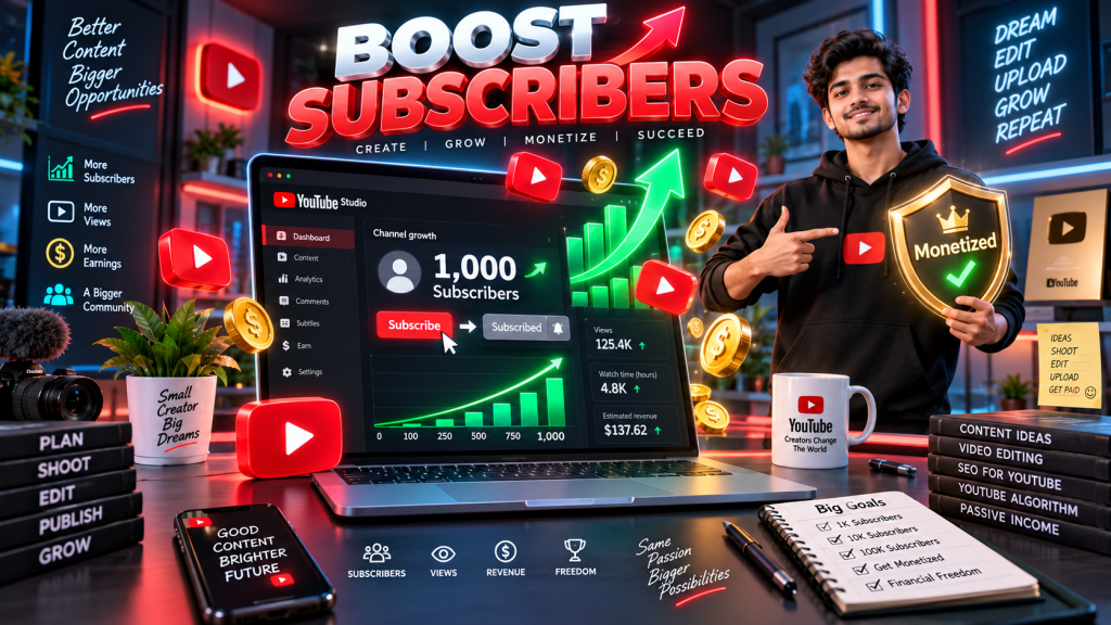 3D isometric illustration of a computer displaying a YouTube channel on the NayaSMM panel dashboard, showing rapid subscriber growth and successful monetization