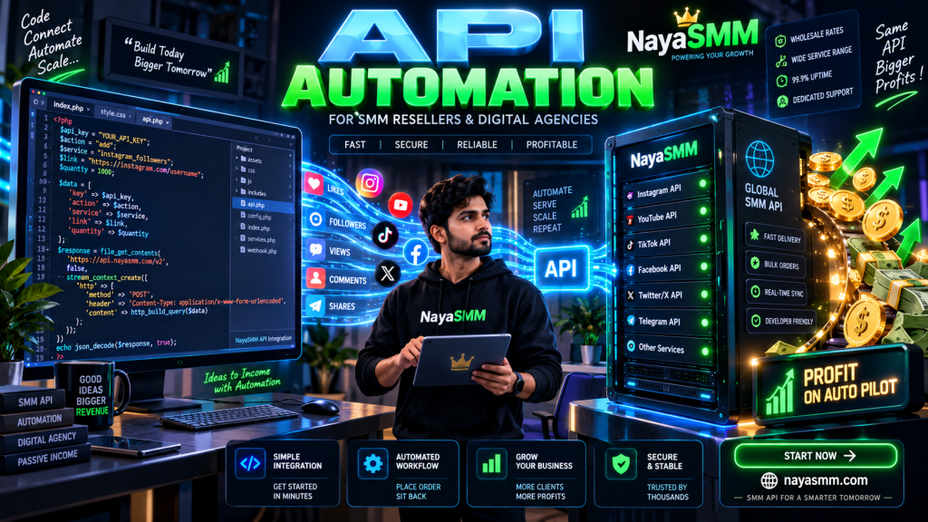 3D isometric illustration of a digital agency workspace showing a PHP web developer connecting NayaSMM API automation to generate high-ticket B2B business revenue.