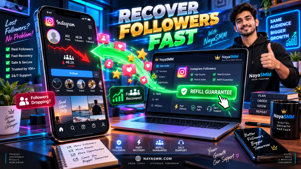 3D isometric illustration of an Instagram profile showing a follower drop due to an update, while a connected NayaSMM panel dashboard instantly recovers the followers with a glowing "Refill" button.
