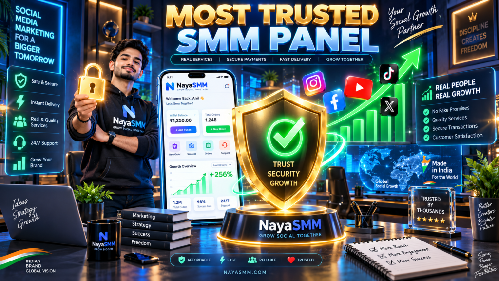 3D isometric illustration of a secure and trusted SMM panel dashboard displaying NayaSMM with green verified checkmarks, representing the best and most reliable digital marketing growth platform in India