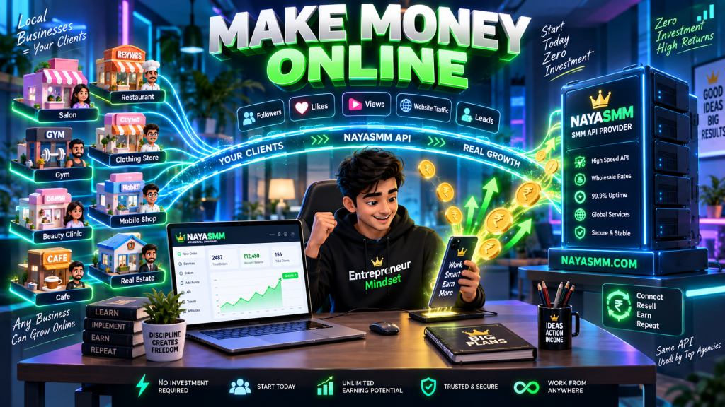 3D isometric illustration of a digital entrepreneur making money online through an SMM reselling business, using a smartphone to connect clients with the NayaSMM wholesale API dashboard.