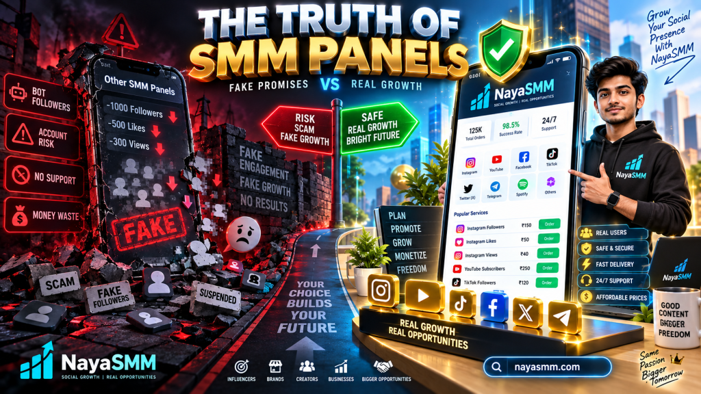 3D isometric illustration revealing the truth behind SMM panels, showing a fake panel with dropping followers versus the trusted NayaSMM dashboard with safe, guaranteed organic growth