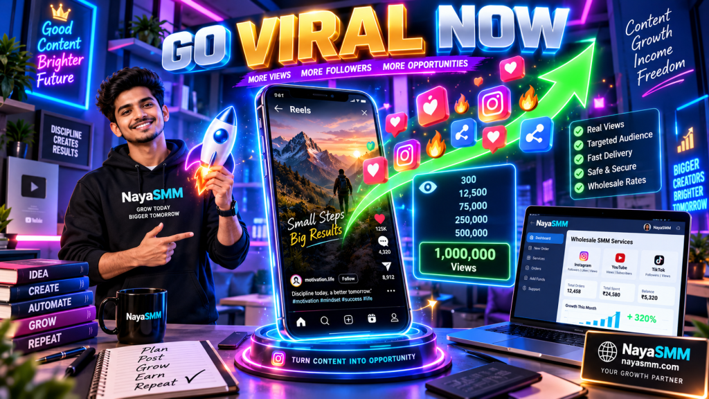 3D isometric illustration of a smartphone displaying a viral Instagram Reel with skyrocketing views and likes, powered by the NayaSMM direct provider dashboard
