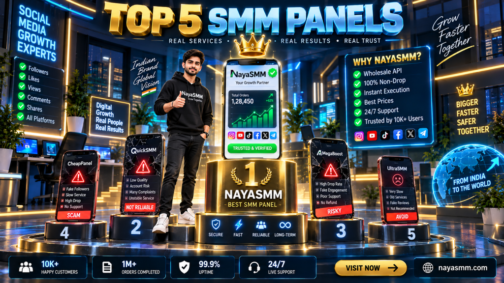 3D isometric illustration of a ranking podium showing the NayaSMM dashboard at the number one spot for the best SMM panel in India, surrounded by verified digital growth icons