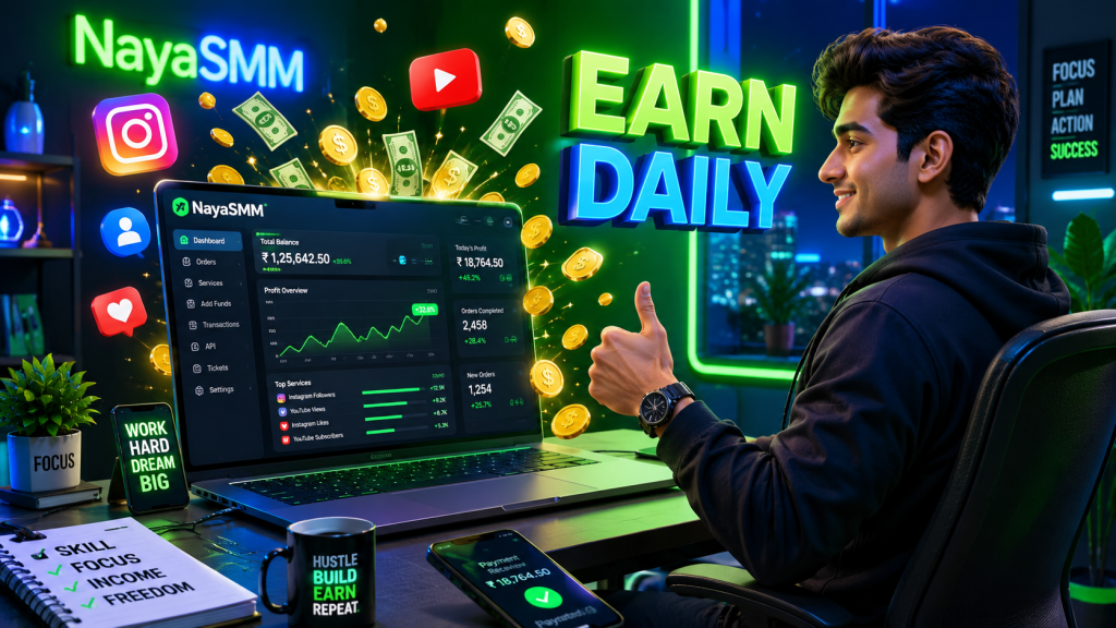 3D illustration of a successful freelancer earning money online using an SMM reseller panel dashboard on a laptop.