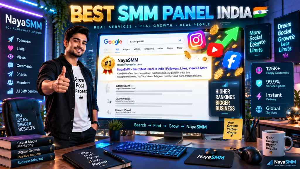 3D digital illustration of a top-ranked best SMM panel dashboard in India showing NayaSMM, with rising social media growth graphs, Instagram and YouTube icons, representing fast non-drop reseller services.