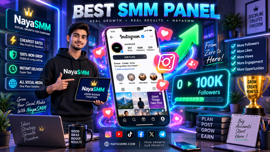 3D digital illustration of a smartphone displaying the NayaSMM dashboard with rapidly increasing Instagram followers, representing India's best SMM panel for digital growth