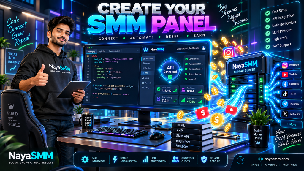 3D isometric illustration of a digital entrepreneur creating an SMM reseller panel using PHP script and connecting it to NayaSMM API provider for automated social media business.