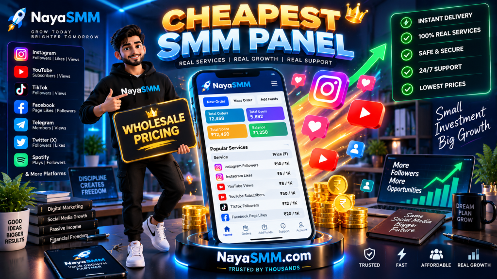3D isometric illustration of a smartphone displaying the cheapest SMM panel in India, NayaSMM, with growing followers and secure wholesale pricing.
